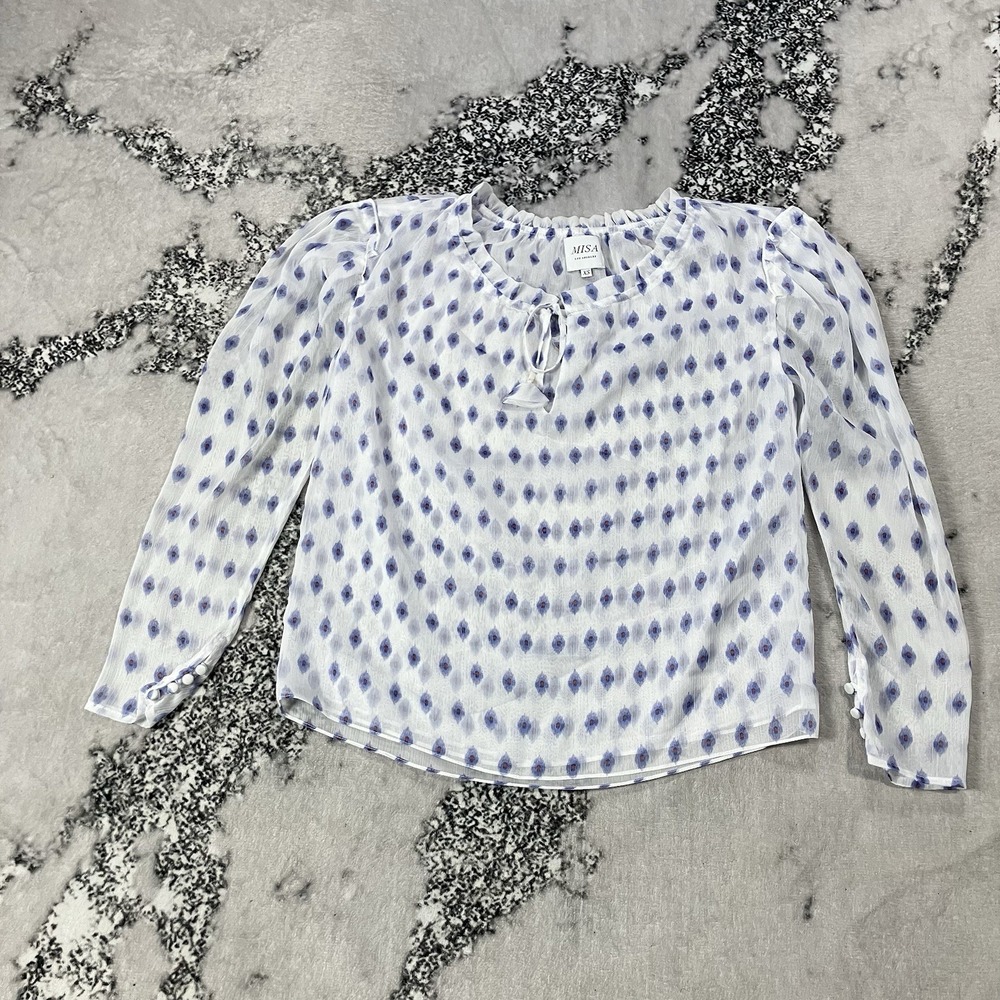 MISA Los Angeles Sheer Blouse‎ XS Blue White Print Long Sleeve Tie Neck Boho